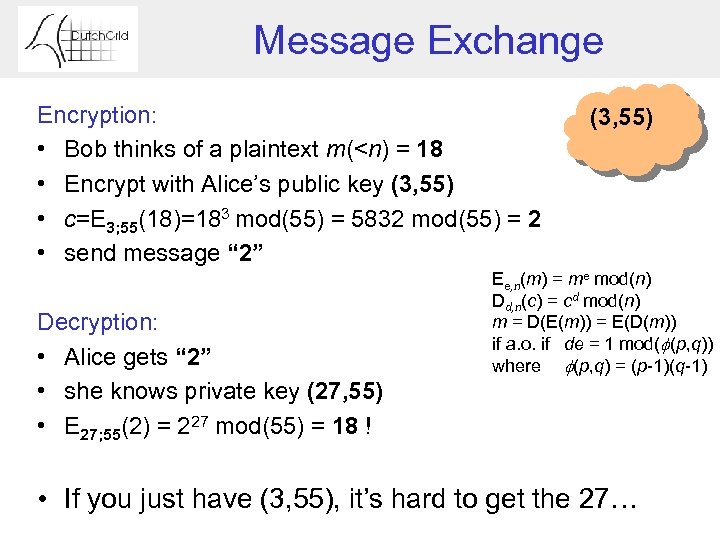 Message Exchange Encryption: • Bob thinks of a plaintext m(<n) = 18 • Encrypt