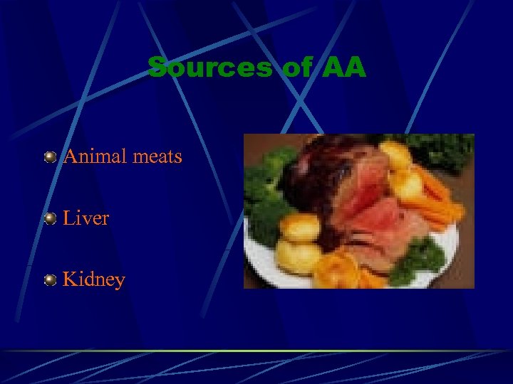 Sources of AA Animal meats Liver Kidney 