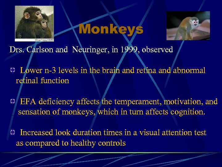 Monkeys Drs. Carlson and Neuringer, in 1999, observed Lower n-3 levels in the brain