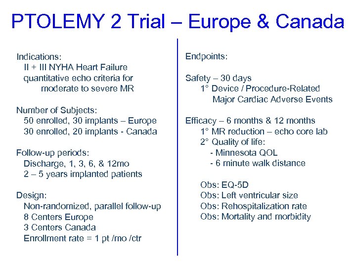 PTOLEMY 2 Trial – Europe & Canada Indications: II + III NYHA Heart Failure