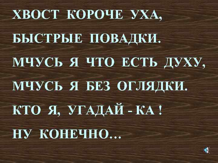 ХВОСТ КОРОЧЕ УХА, БЫСТРЫЕ ПОВАДКИ. МЧУСЬ Я ЧТО ЕСТЬ ДУХУ, МЧУСЬ Я БЕЗ ОГЛЯДКИ.