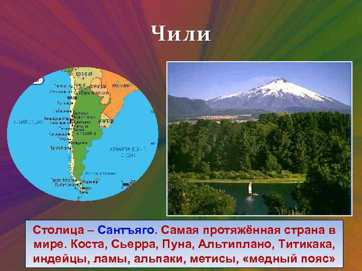 Чили Столица – Сантъяго. Самая протяжённая страна в мире. Коста, Сьерра, Пуна, Альтиплано, Титикака,