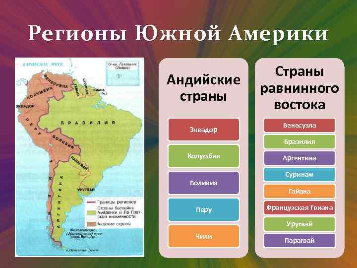 Регионы Южной Америки Андийские страны Эквадор Страны равнинного востока Венесуэла Бразилия Колумбия Боливия Перу