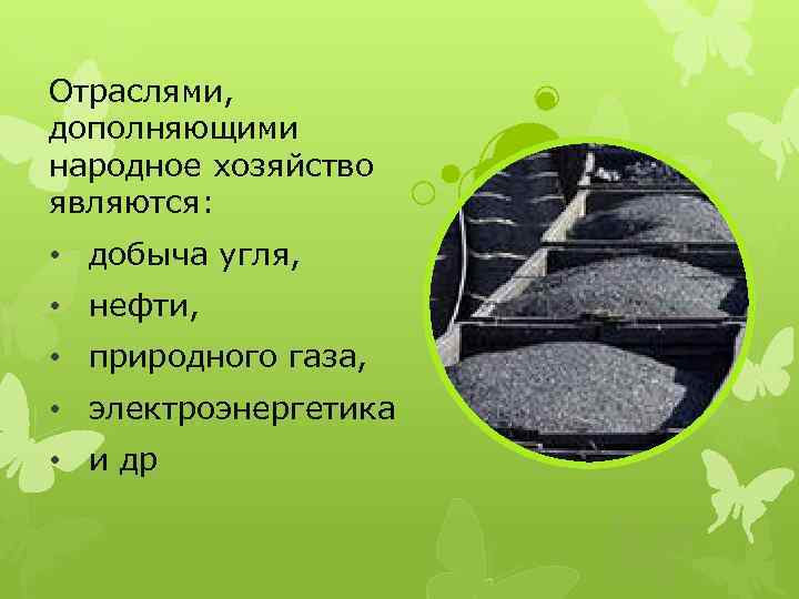 Отраслями, дополняющими народное хозяйство являются: • добыча угля, • нефти, • природного газа, •