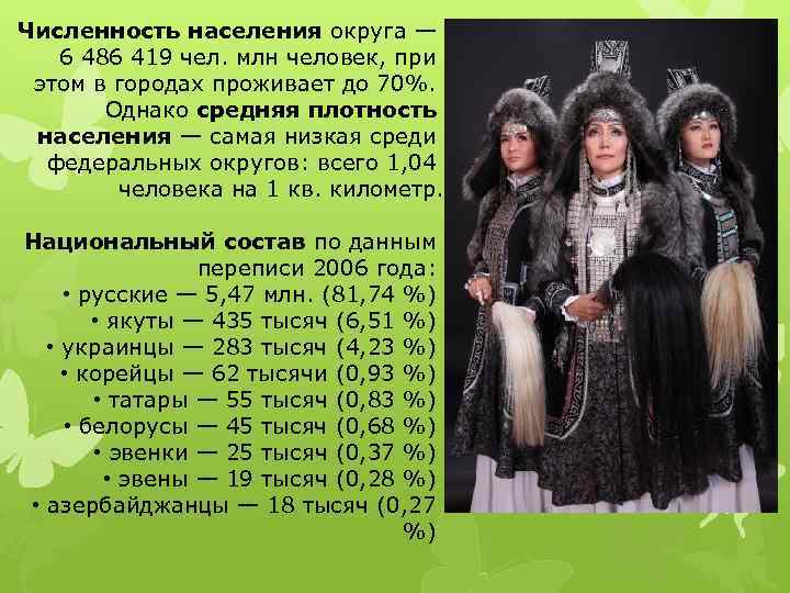 Численность населения округа — 6 486 419 чел. млн человек, при этом в городах