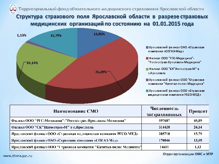 Территориальный фонд обязательного медицинского страхования Ярославской области 1, 13% 15, 79% 13, 05% Ярославский