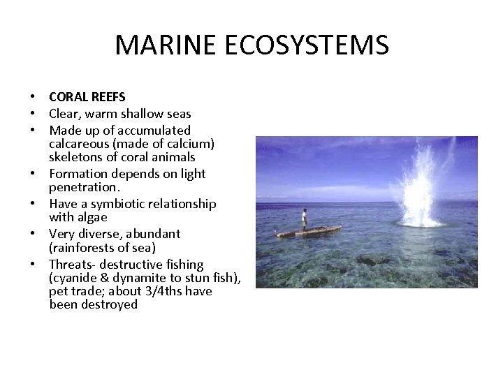 MARINE ECOSYSTEMS • CORAL REEFS • Clear, warm shallow seas • Made up of