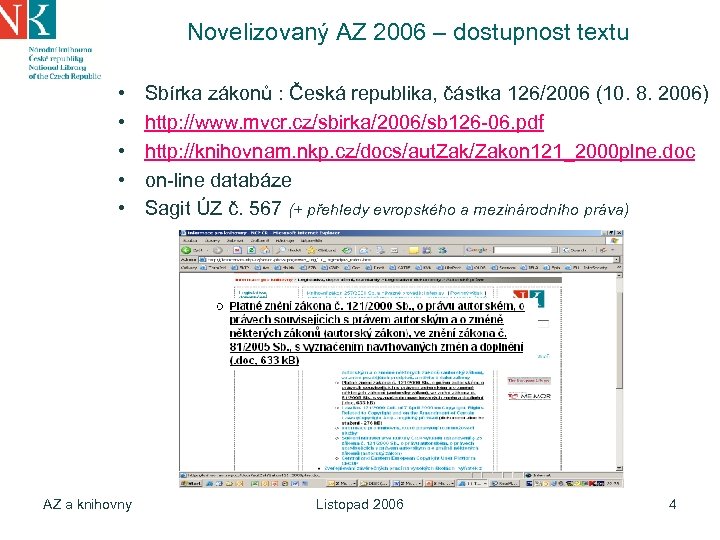 Novelizovaný AZ 2006 – dostupnost textu • • • AZ a knihovny Sbírka zákonů