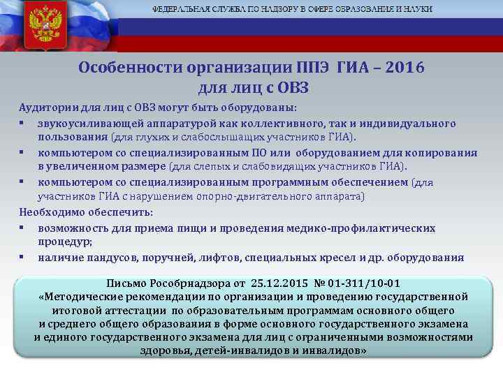 Особенности организации ППЭ ГИА – 2016 для лиц с ОВЗ Аудитории для лиц с