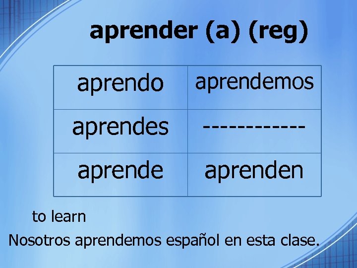 aprender (a) (reg) aprendo aprendemos aprendes ------ aprenden to learn Nosotros aprendemos español en