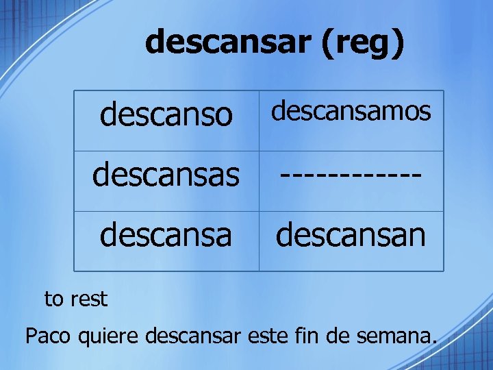 descansar (reg) descanso descansamos descansas ------ descansan to rest Paco quiere descansar este fin