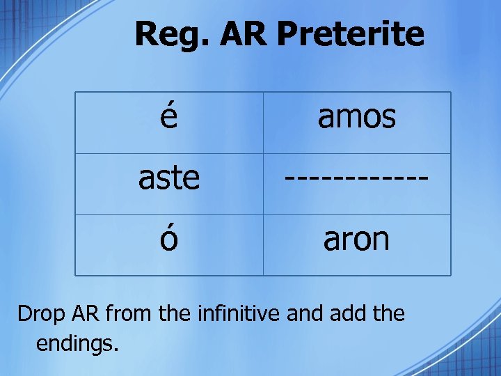 Reg. AR Preterite é amos aste ------ ó aron Drop AR from the infinitive