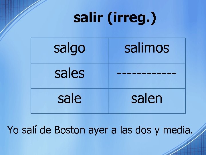 salir (irreg. ) salgo salimos sales ------ salen Yo salí de Boston ayer a