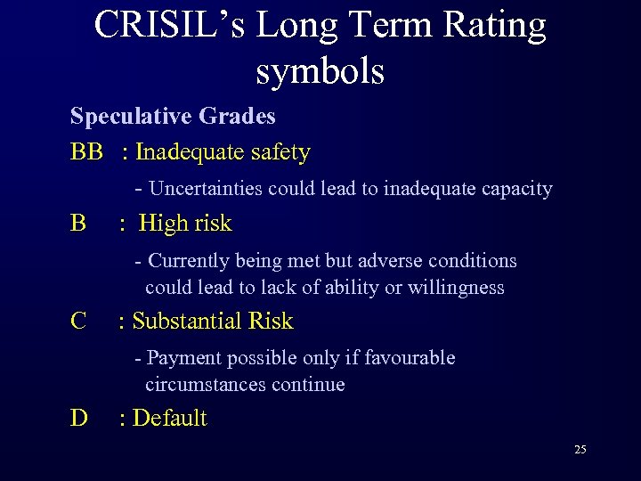 CRISIL’s Long Term Rating symbols Speculative Grades BB : Inadequate safety - Uncertainties could