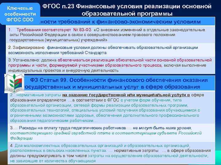 ФГОС п. 23 Финансовые условия реализации основной Ключевые образовательной программы особенности ФГОС СОО Особенности