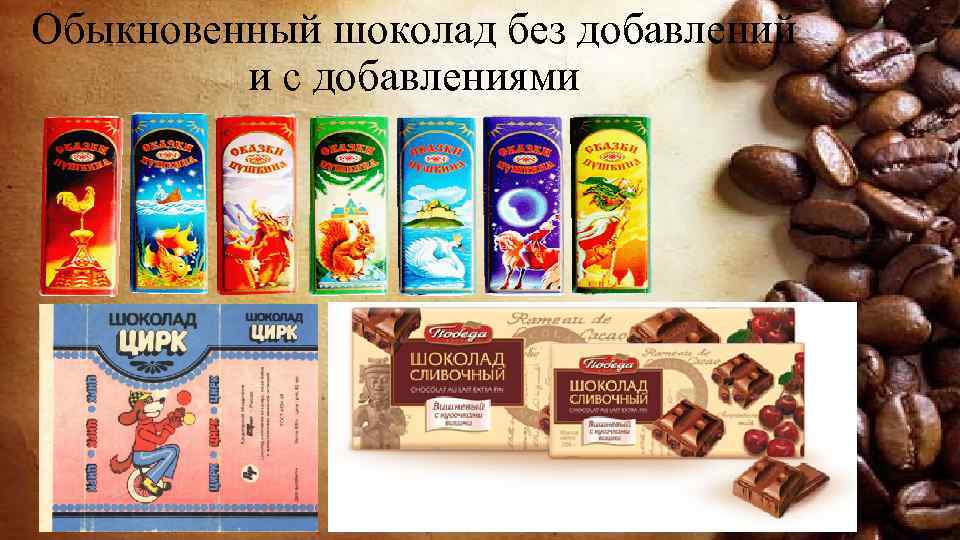 Обыкновенный шоколад без добавлений и с добавлениями 