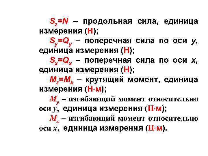 Sz=N – продольная сила, единица измерения (Н); Sy=Qy – поперечная сила по оси y,