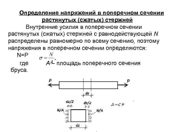 Определение напряжений в поперечном сечении растянутых (сжатых) стержней Внутренние усилия в поперечном сечении растянутых