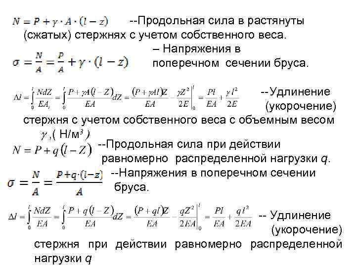 --Продольная сила в растянуты (сжатых) стержнях с учетом собственного веса. – Напряжения в поперечном