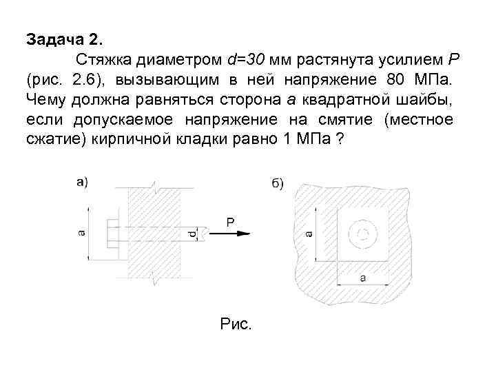 Задача 2. Стяжка диаметром d=30 мм растянута усилием Р (рис. 2. 6), вызывающим в