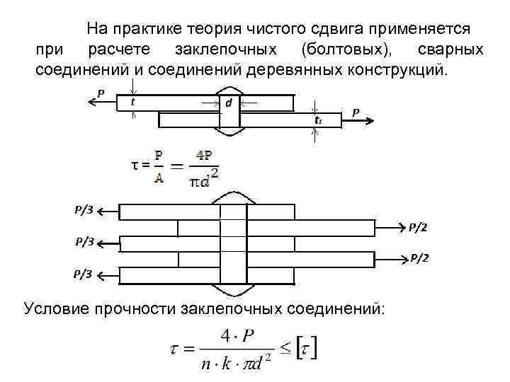 На практике теория чистого сдвига применяется при расчете заклепочных (болтовых), сварных соединений и соединений