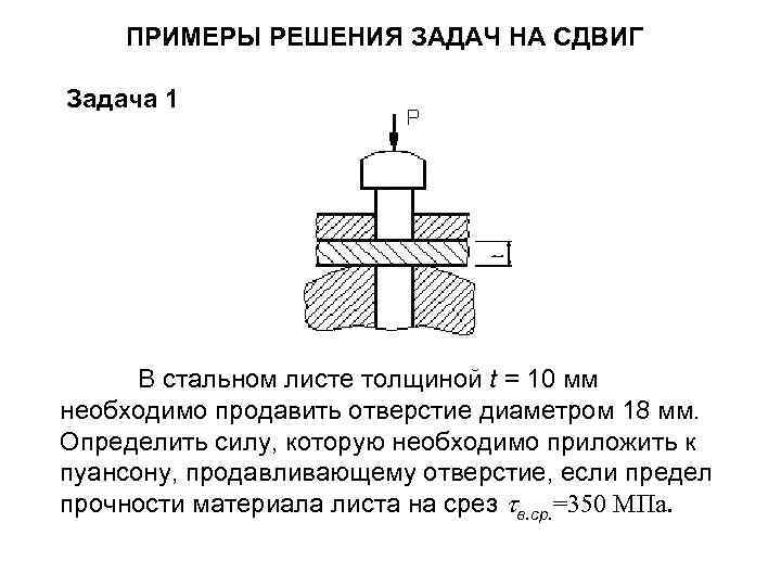 ПРИМЕРЫ РЕШЕНИЯ ЗАДАЧ НА СДВИГ Задача 1 В стальном листе толщиной t = 10