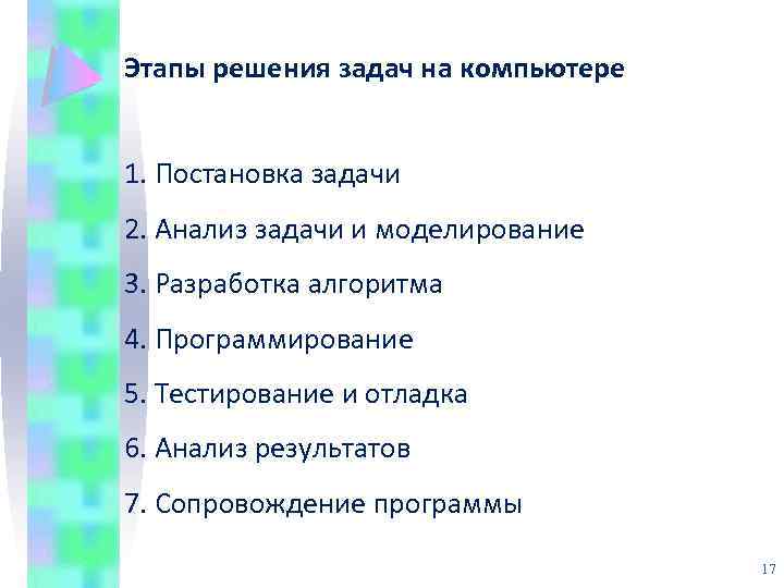 Этапы решения задач на компьютере 1. Постановка задачи 2. Анализ задачи и моделирование 3.