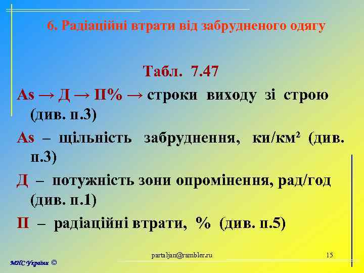 6. Радіаційні втрати від забрудненого одягу Табл. 7. 47 Аs → Д → П%