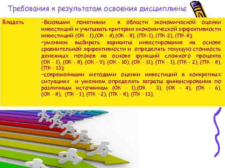 Требования к результатам освоения дисциплины Владеть -базовыми понятиями в области экономической оценки инвестиций и