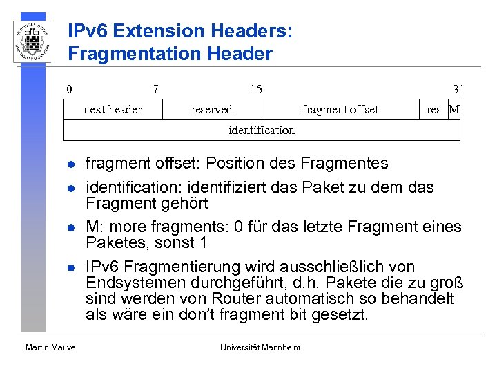 IPv 6 Extension Headers: Fragmentation Header 0 15 7 next header reserved 31 fragment