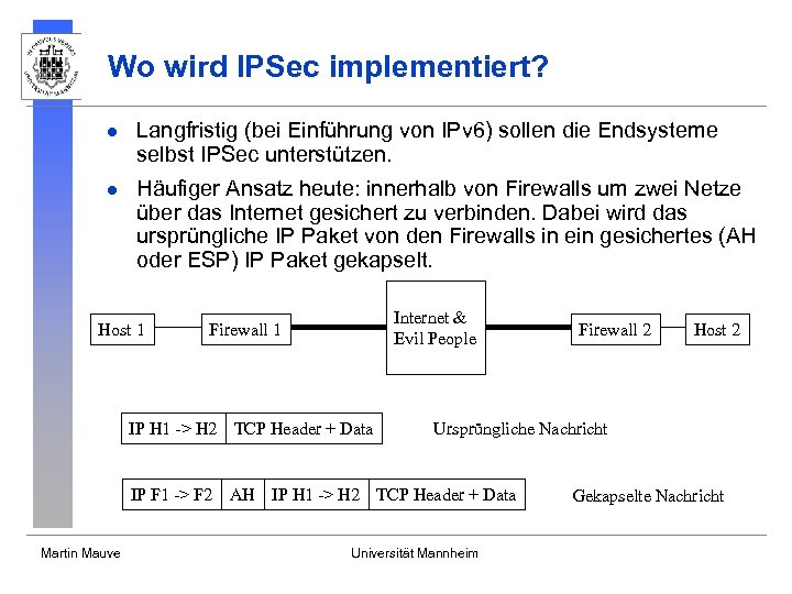 Wo wird IPSec implementiert? l Langfristig (bei Einführung von IPv 6) sollen die Endsysteme