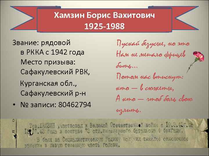 Хамзин Борис Вахитович 1925 -1988 Звание: рядовой в РККА с 1942 года Место призыва: