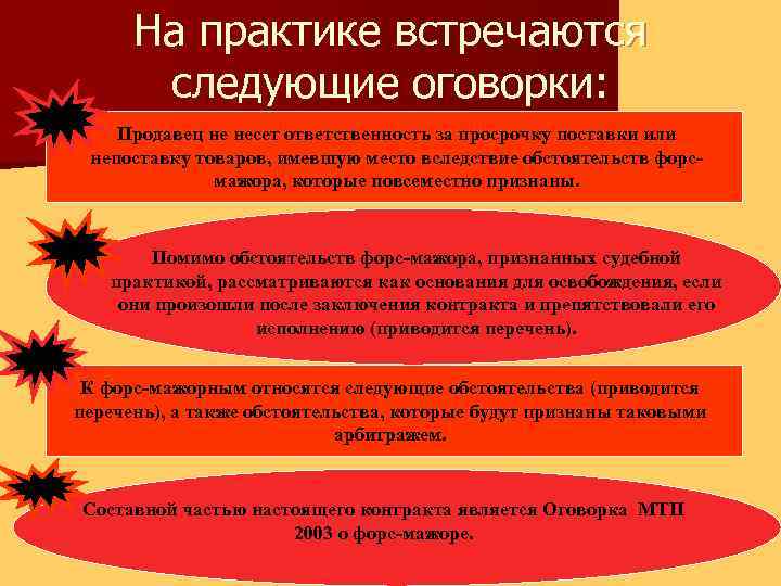 На практике встречаются следующие оговорки: Продавец не несет ответственность за просрочку поставки или непоставку