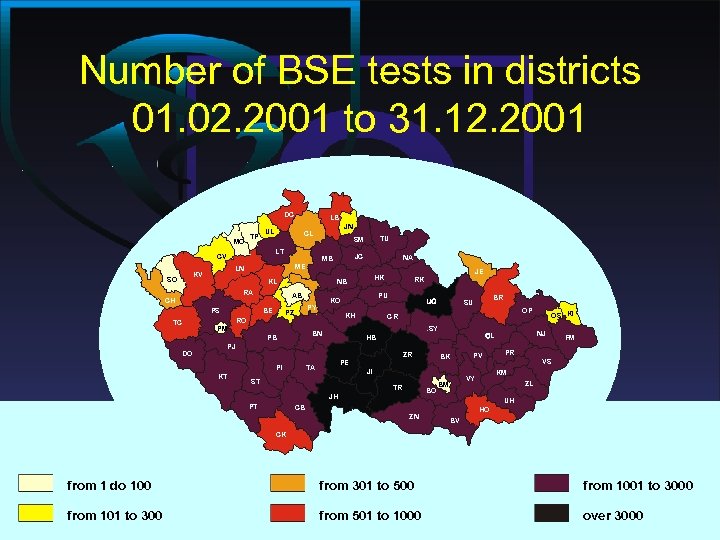 Number of BSE tests in districts 01. 02. 2001 to 31. 12. 2001 DC