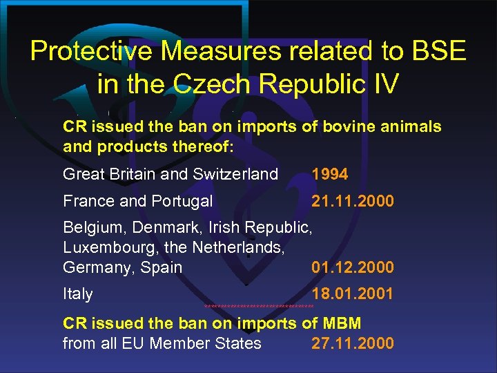 Protective Measures related to BSE in the Czech Republic IV CR issued the ban