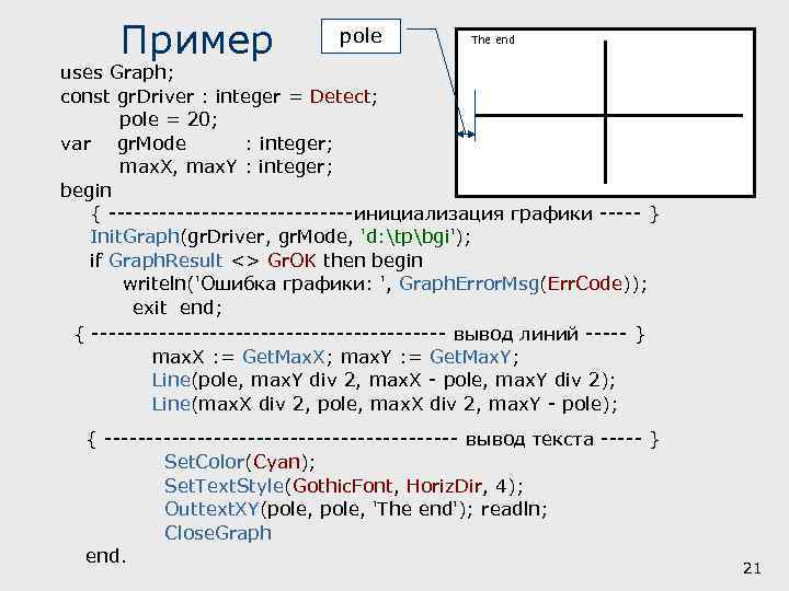 Пример pole The end uses Graph; const gr. Driver : integer = Detect; pole