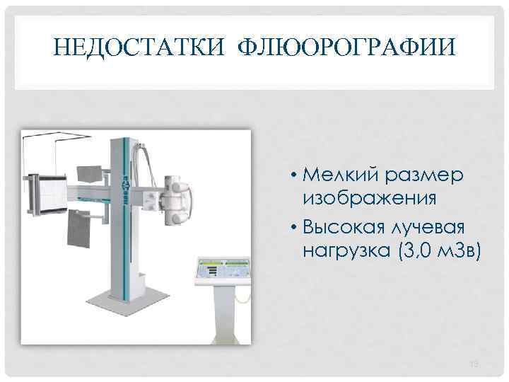 НЕДОСТАТКИ ФЛЮОРОГРАФИИ • Мелкий размер изображения • Высокая лучевая нагрузка (3, 0 м. Зв)