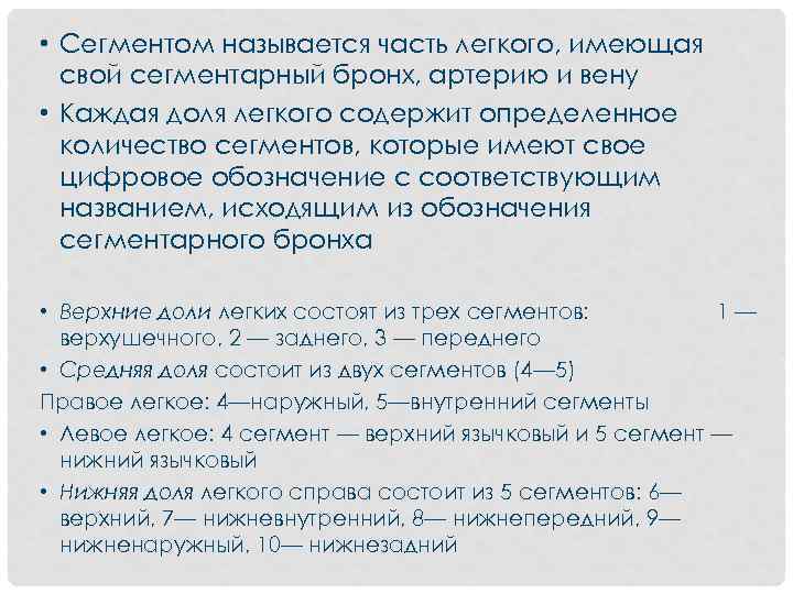  • Сегментом называется часть легкого, имеющая свой сегментарный бронх, артерию и вену •