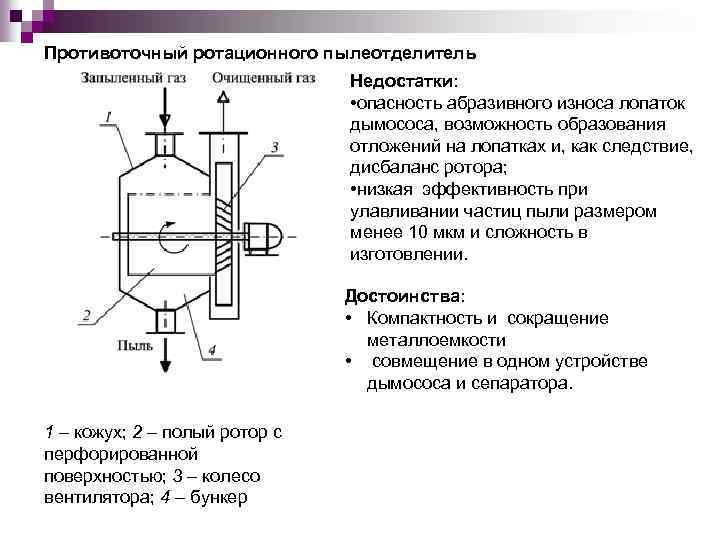 Противоточный ротационного пылеотделитель Недостатки: • опасность абразивного износа лопаток дымососа, возможность образования отложений на