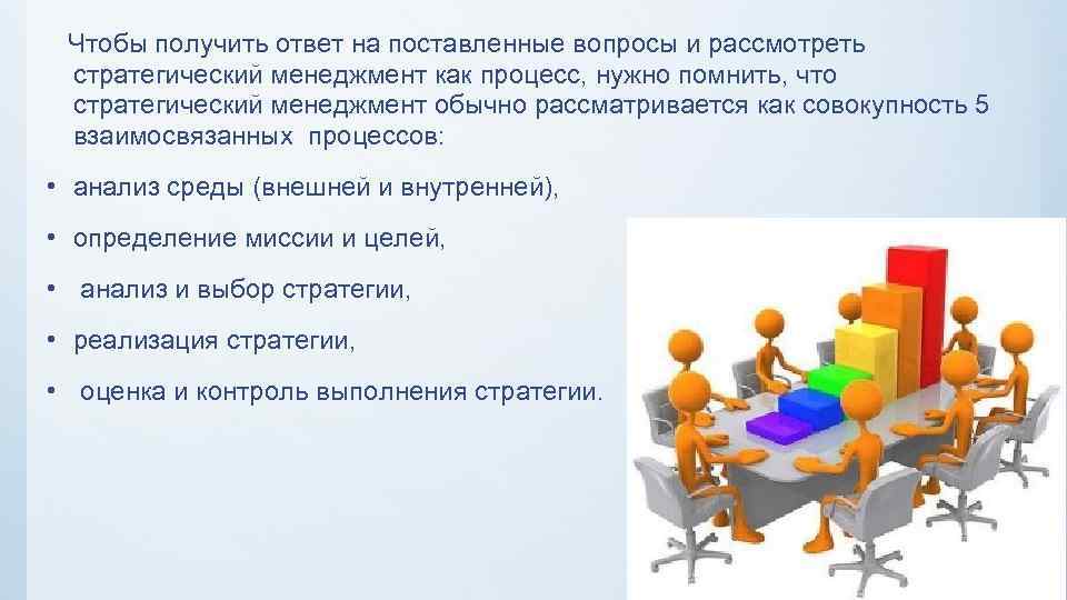 Чтобы получить ответ на поставленные вопросы и рассмотреть стратегический менеджмент как процесс, нужно помнить,