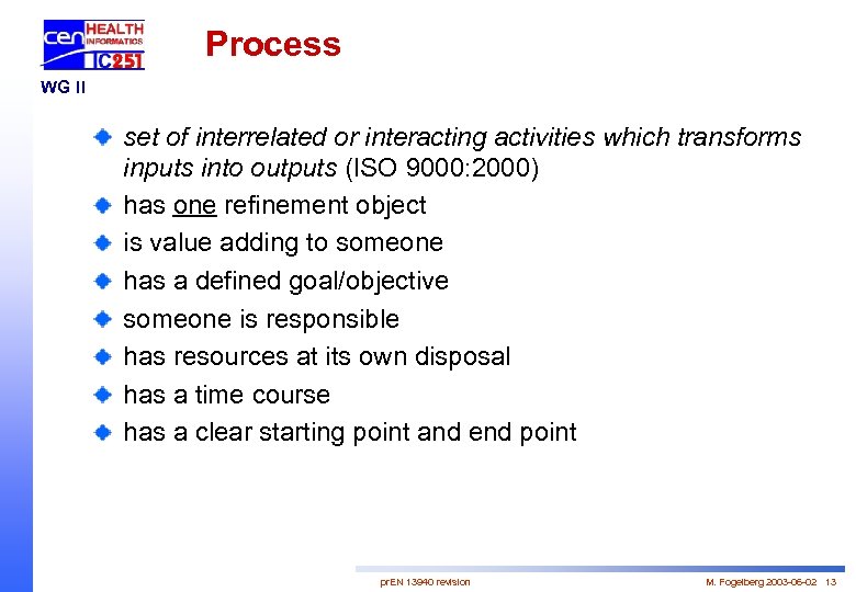 Process WG II set of interrelated or interacting activities which transforms inputs into outputs
