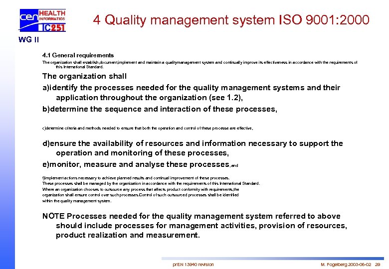 4 Quality management system ISO 9001: 2000 WG II 4. 1 General requirements The