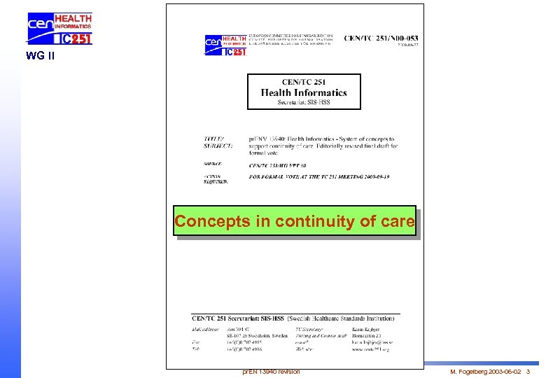 WG II Concepts in continuity of care pr. EN 13940 revision M. Fogelberg 2003