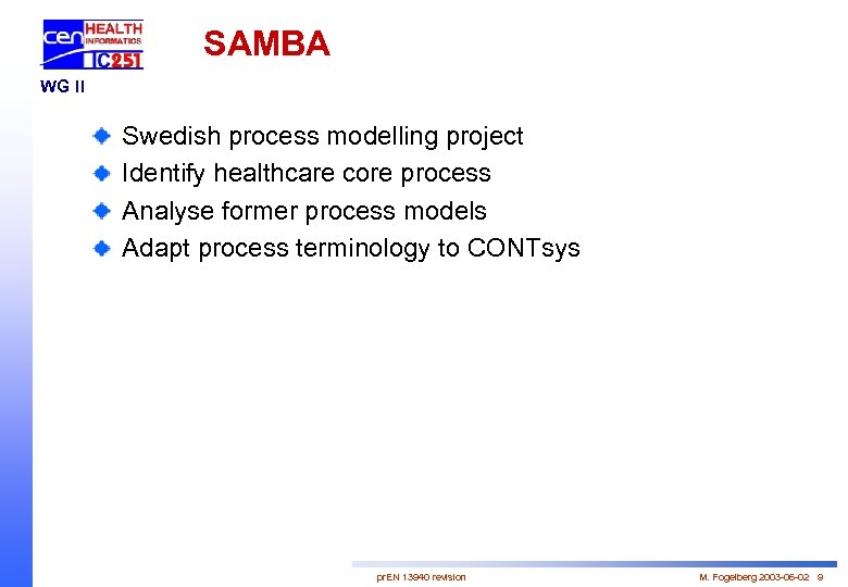 SAMBA WG II Swedish process modelling project Identify healthcare core process Analyse former process