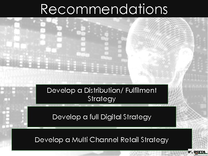 Recommendations Develop a Distribution/ Fulfilment Strategy Develop a full Digital Strategy Develop a Multi