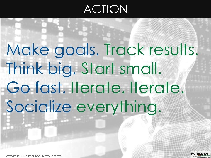 ACTION Action Make goals. Track results. Think big. Start small. Go fast. Iterate. Socialize