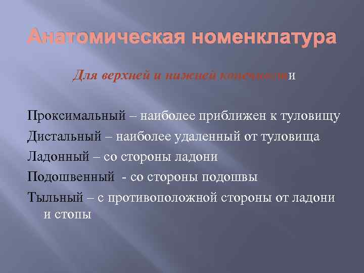 Анатомическая номенклатура Для верхней и нижней конечности Проксимальный – наиболее приближен к туловищу Дистальный