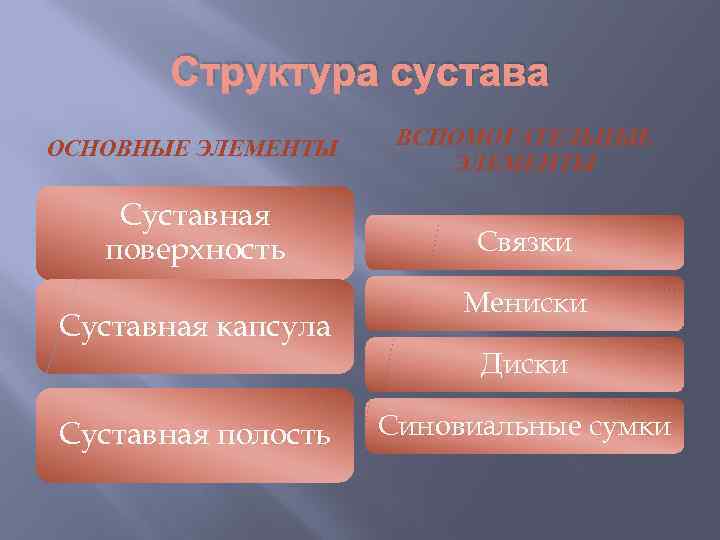 Структура сустава ОСНОВНЫЕ ЭЛЕМЕНТЫ ВСПОМОГАТЕЛЬНЫЕ ЭЛЕМЕНТЫ Суставная поверхность Связки Суставная капсула Мениски Диски Суставная