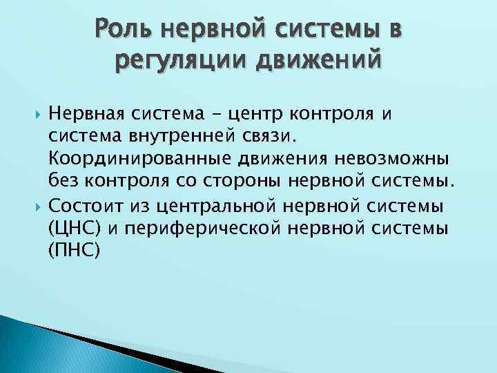 Роль нервной системы в регуляции движений Нервная система - центр контроля и система внутренней