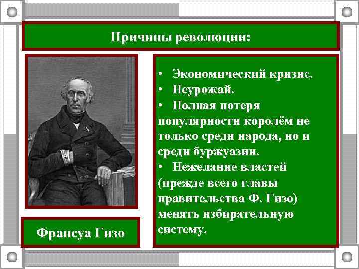 Причины революции: Франсуа Гизо • Экономический кризис. • Неурожай. • Полная потеря популярности королём